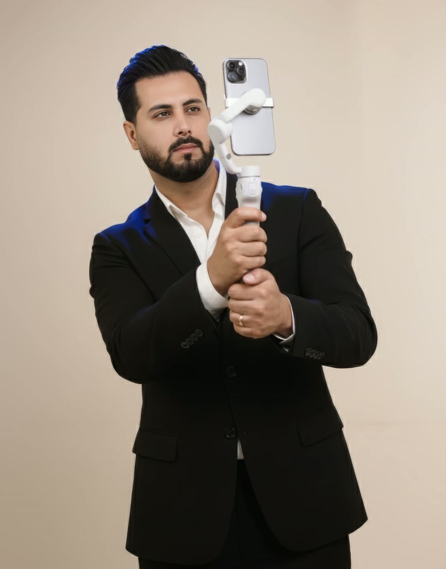 محسن سلجوقی در حال فیلم‌برداری با موبایل و گیمبال